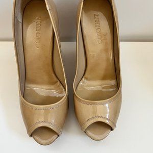 Jimmy Choo Cork Wedge, Sz 5, Nude Patent